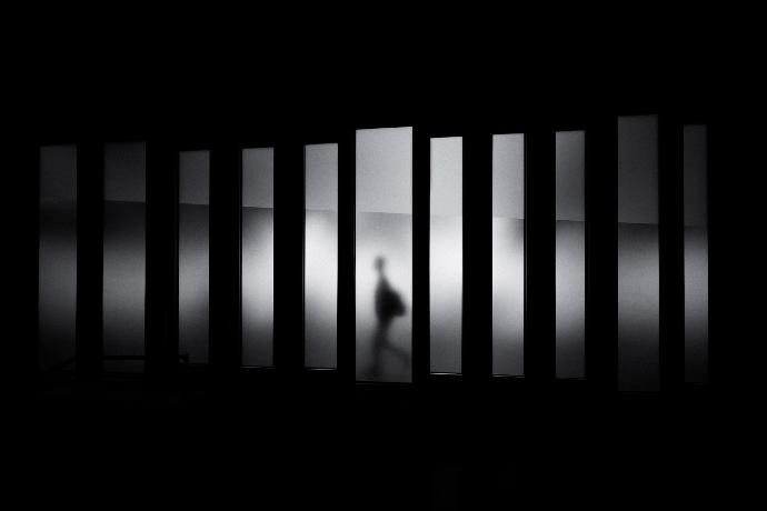 grayscale photo of person running in panel paintings